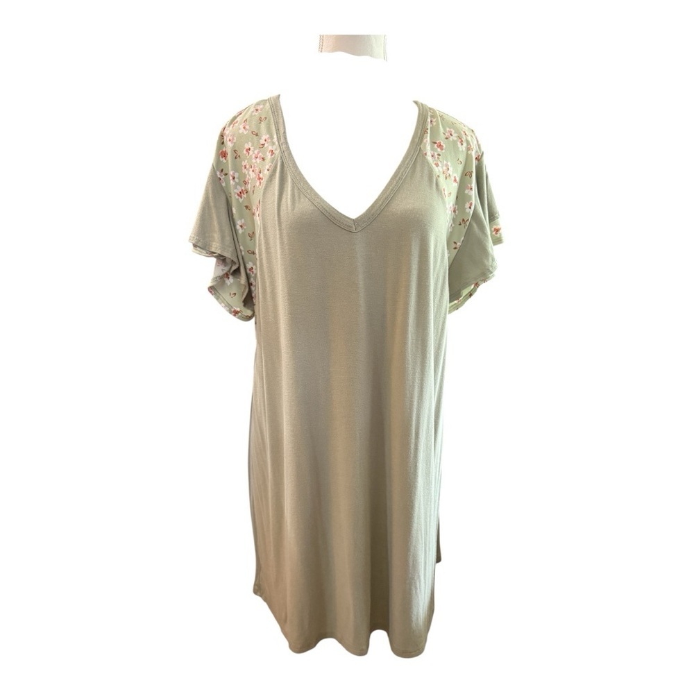 Celeste Sage Green Short Sleeve Tunic Tee – Floral Ruffle Sleeves – Approx XL